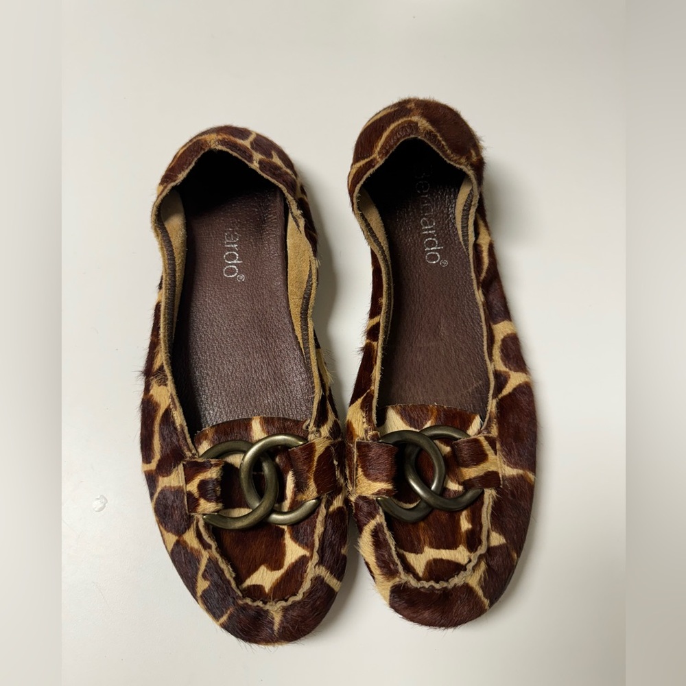 Bernardo Genuine Leather & Calf Hair on Giraffe Print Flat Shoes